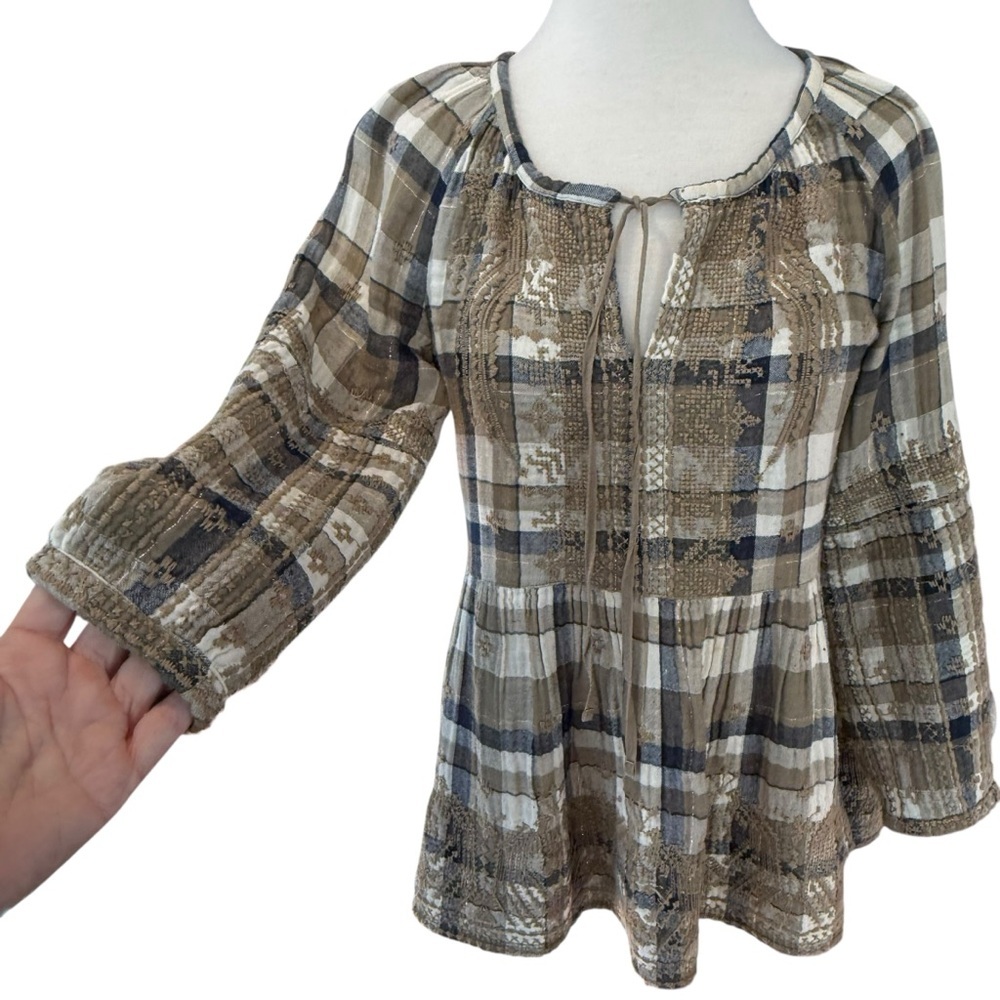 Johnny Was 3J Workshop Embroidered Plaid Tunic Blouse Boho Neutral Small - Picture 5 of 14